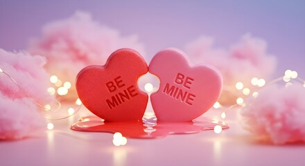 Melting Be Mine Heart Candies Surrounded by Pink Cotton Clouds and Fairy Light Romance