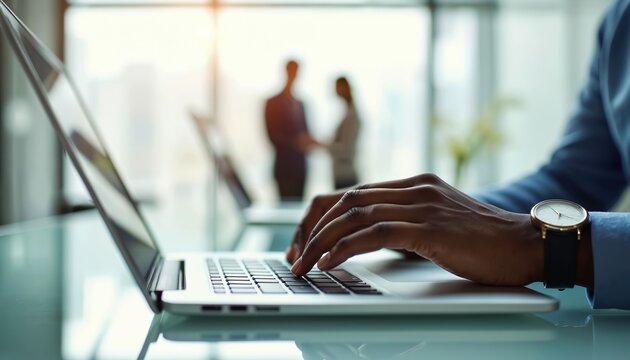 Black man types on laptop keyboard wearing watch. Colleagues talk in background office. Focus on hands working on computer. Modern business setting. - Powered by Adobe