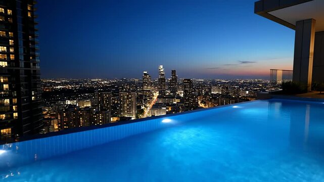 Luxury Rooftop Pool with Stunning Night Cityscape View at Dusk - High End Living and Urban Oasis Experience Capture the serenity and elegance of