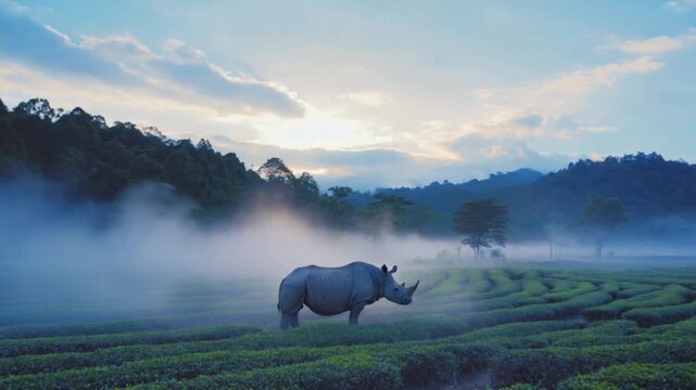 assam indian landscape at morning with rhinoceros video