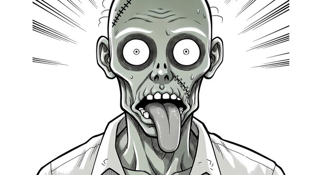 Manga a zombie's face. His jaw is hanging loose by one stitch, tongue lolling out. Comical