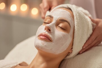 A woman enjoys a calming facial treatment at a serene spa. Soft lights create a soothing atmosphere as she relaxes with a mask on her face. Hands gently apply the treatment