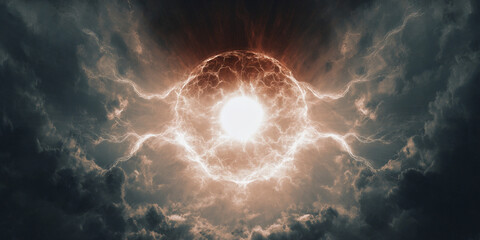 Fantasy cosmic sphere of fire and lightning with dark sky background - AI generated