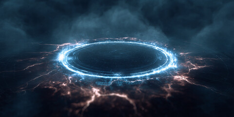Futuristic glowing circle with electric lightning energy effect - AI generated