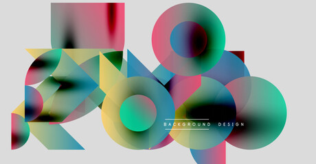 Fototapeta premium Abstract colorful shapes overlap, creating dynamic composition. Circles, squares, triangles blend with vibrant hues. Modern design element.