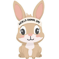 Cute cartoon rabbit illustration wearing a headband with the text  World Animal Day. Adorable animal character art for celebration, awareness, and children design projects.
