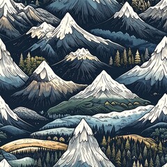 Repeating pattern of stylized snow-capped peaks and coniferous forests