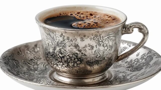 A cup of coffee in an ornate silver teacup with a matching saucer.