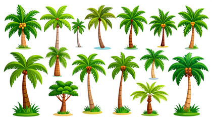 Colorful palm trees and bushes, playful tropical plant stickers, cartoon illustration, perfect for jungle themes, transparent background.
