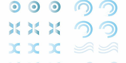 Collection of abstract blue gradient geometric shapes and icons on a white background