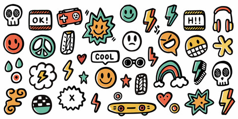Collection of hand drawn doodle stickers featuring skulls smiley faces peace signs lightning bolts and rainbows
