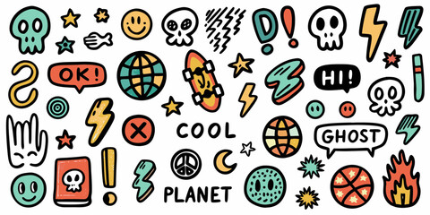 Collection of hand drawn doodles featuring skulls lightning bolts planets and fun symbols