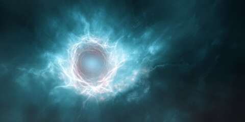 Circular glowing blue energy portal in cloudy sky abstract fantasy design - AI generated