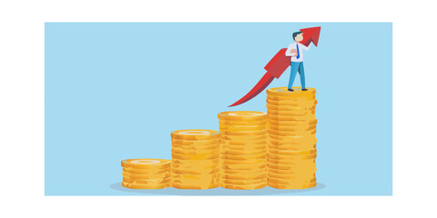 Businessman standing on stack of gold coins with red arrow pointing upwards symbolizing financial growth and success