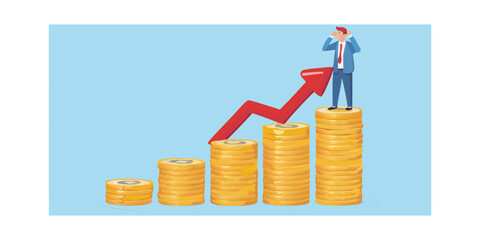 Stressed businessman standing on tall stack of coins with rising red arrow indicating financial growth