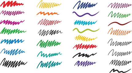 Colorful marker strokes create a vibrant collection of scribbles, perfect for adding a playful touch to designs and creative projects.