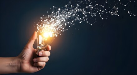 Hand holding glowing light bulb with abstract data network stream for technology concept background