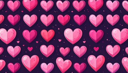 Repeating pattern of various shades of pink hearts on a dark background