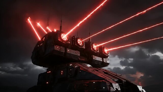 Futuristic Laser Cannon on a Stormy Plain Emitting Red Energy Beams During a Volcanic Event, Symbolizing Advanced Technology and Impending Conflict