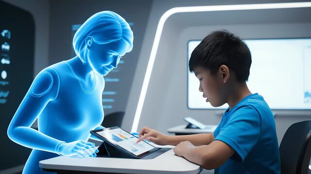 Future Classroom: Young Student Interacts with Holographic Teacher in Engaging Learning Environment, Exploring Advanced Tech for Personalized