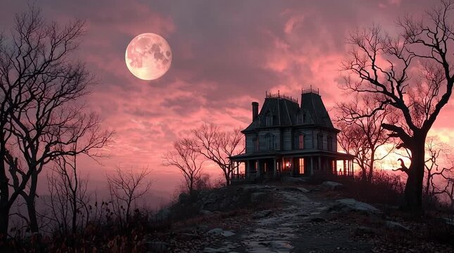 Dramatic wide cinematic view of a derelict Victorian mansion on a lonely hill, silhouetted against a stormy twilight sky and pale full moon. One warm light glows in a broken window. Gnarled trees ampl