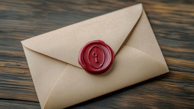 Antique Envelope with a Red Wax Seal on a Rustic Wooden Table, Classic Correspondence Close-Up
