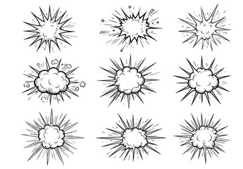 Obraz premium Hand drawn comic effects set with boom bursts, bang splashes, pow doodle smoke, speed crash lines, cartoon action style, isolated background.