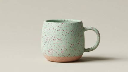 A stylish mint green ceramic mug with pink speckles, displayed as a clean and modern mockup on a neutral background