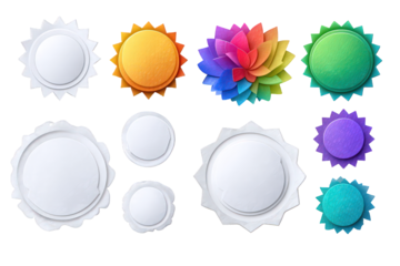 Colorful Circular Badges with Various Textures and Effects on Transparent Background