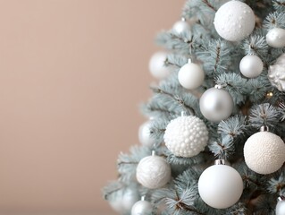 Minimalist Christmas tree with white and neutral ornaments