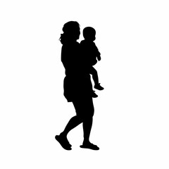 Silhouette of a woman carrying a baby on her hip isolated on white background
