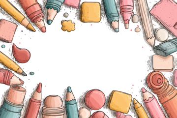 Art Supplies Border On Transparent Background Pastel Pencils Erasers And Markers For Creative Design