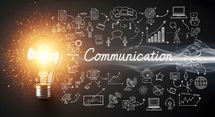 Communication concept connecting lightbulb innovation to business and technology doodle network