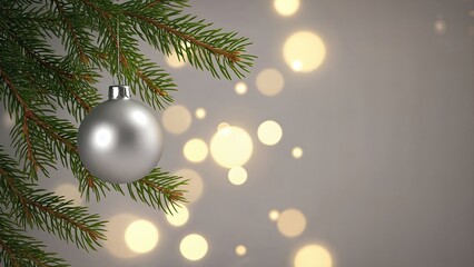 Fototapeta premium Silver Christmas Ball Hanging On Fir Tree Branch. Blurred Lights Background In Neutral Holiday Scene