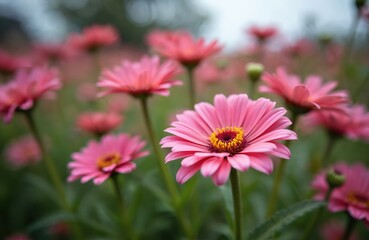 Obraz premium Pink gerbera daisy flowers bloom in garden field. Closeup of cheerful blossoms with yellow centers, soft green blurred background. Nature beauty.
