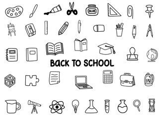 Back to school hand drawn doodle Set, stationery doodle elements, cute doodles for decoration, doodle for kid ,vector hand drawn illustration, doodle clipart set