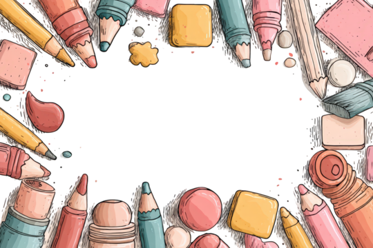 Art Supplies Border On Transparent Background Pastel Pencils Erasers And Markers For Creative Design