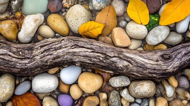 Scenic riverbed with colorful rocks, driftwood and autumn leaves, nature concept