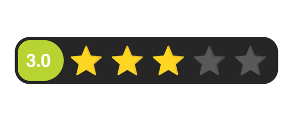 Three star rating bar with numeric label 3.0, average customer review feedback score for service evaluation, PNG with transparent background
