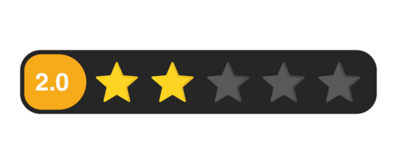 Two star rating bar with numeric label 2.0, poor review feedback score symbol for low customer satisfaction, PNG with transparent background