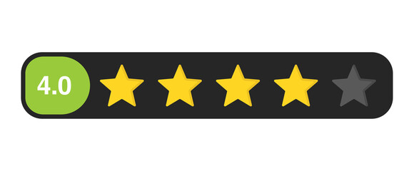 Four star rating bar with numeric label 4.0, strong customer review feedback score for service and product quality, PNG with transparent background