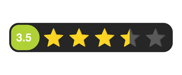 Three and a half star rating bar with numeric label 3.5, average to good customer review feedback score, PNG with transparent background