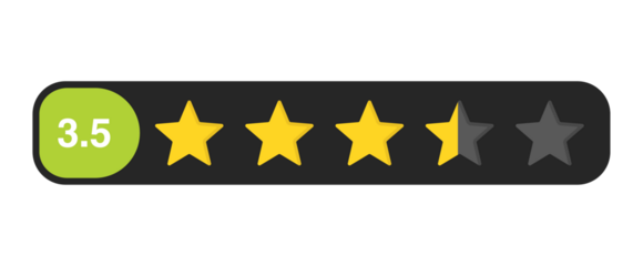 Three and a half star rating bar with numeric label 3.5, average to good customer review feedback score, PNG with transparent background