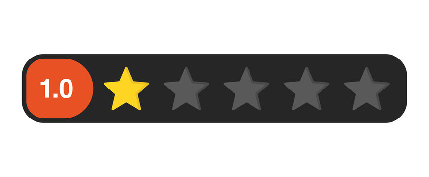 One star rating bar with numeric label 1.0, lowest review feedback score symbol for poor service or product quality, PNG with transparent background