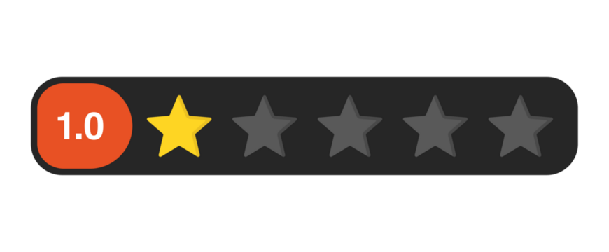 One star rating bar with numeric label 1.0, lowest review feedback score symbol for poor service or product quality, PNG with transparent background