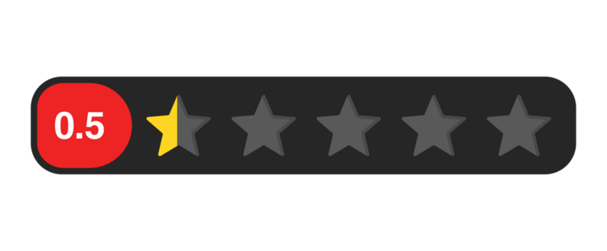 Half star rating bar with numeric label 0.5, very poor review feedback score and lowest trust evaluation, PNG with transparent background