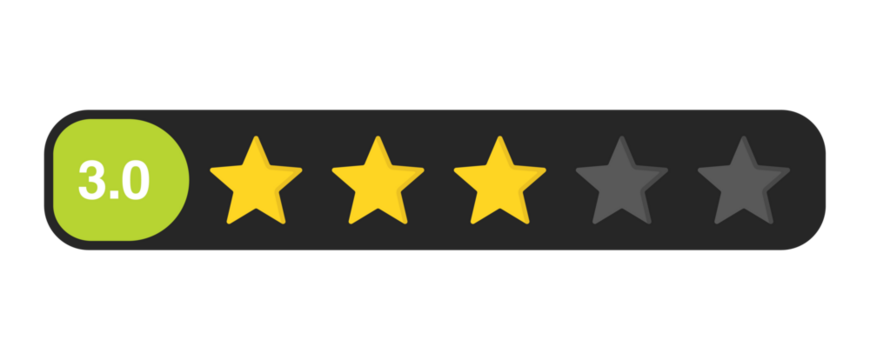 Three star rating bar with numeric label 3.0, average customer review feedback score for service evaluation, PNG with transparent background