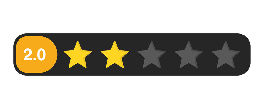 Two star rating bar with numeric label 2.0, poor review feedback score symbol for low customer satisfaction, PNG with transparent background