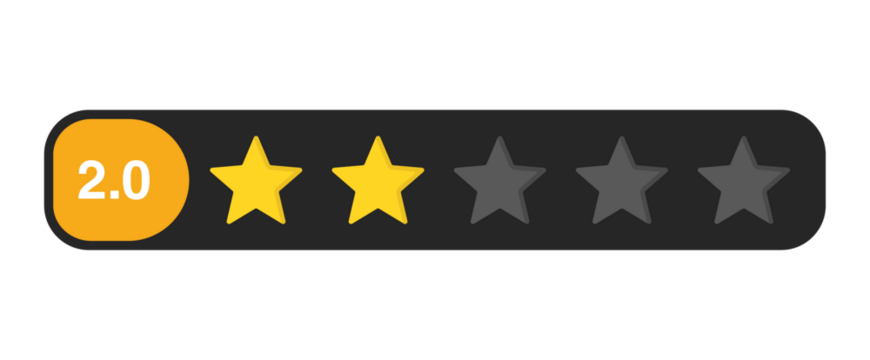 Two star rating bar with numeric label 2.0, poor review feedback score symbol for low customer satisfaction, PNG with transparent background
