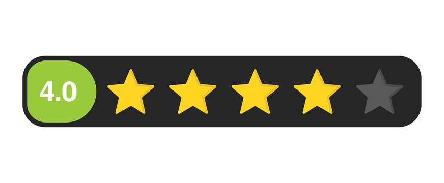 Four star rating bar with numeric label 4.0, strong customer review feedback score for service and product quality, PNG with transparent background
